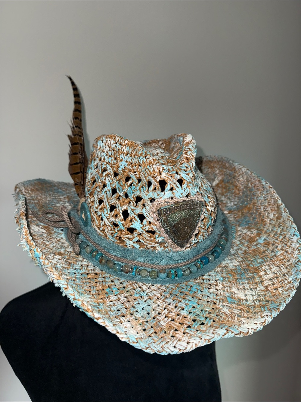 Turquoise & Straw Cowgirl Hat with Beaded Trim